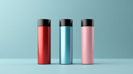 Stylish and Colorful Insulated Drink Containers Set Against a Trendy Background Design