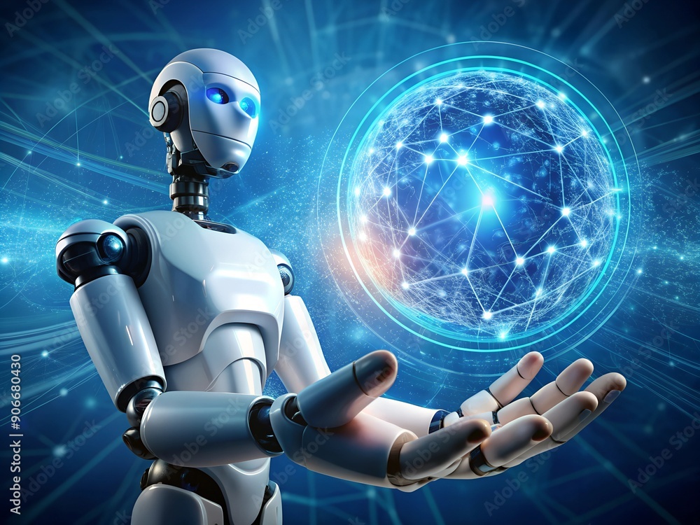 Aufkleber robot humanoid on blurred background using global network sphere 3d rendering