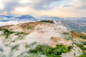 Aerial view of historic town of Erice near Trapani. Castello di Venere, Sicily, Italy.