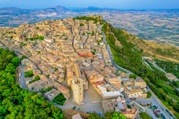 Aerial view of historic town of Erice near Trapani. Castello di Venere, Sicily, Italy.