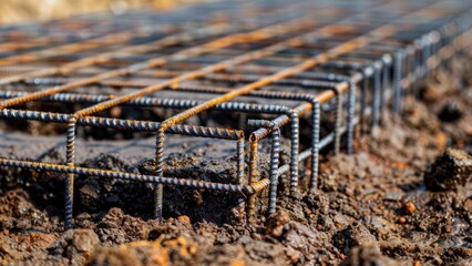 Obraz premium reinforcement steel bars for concrete in construction site structural engineering