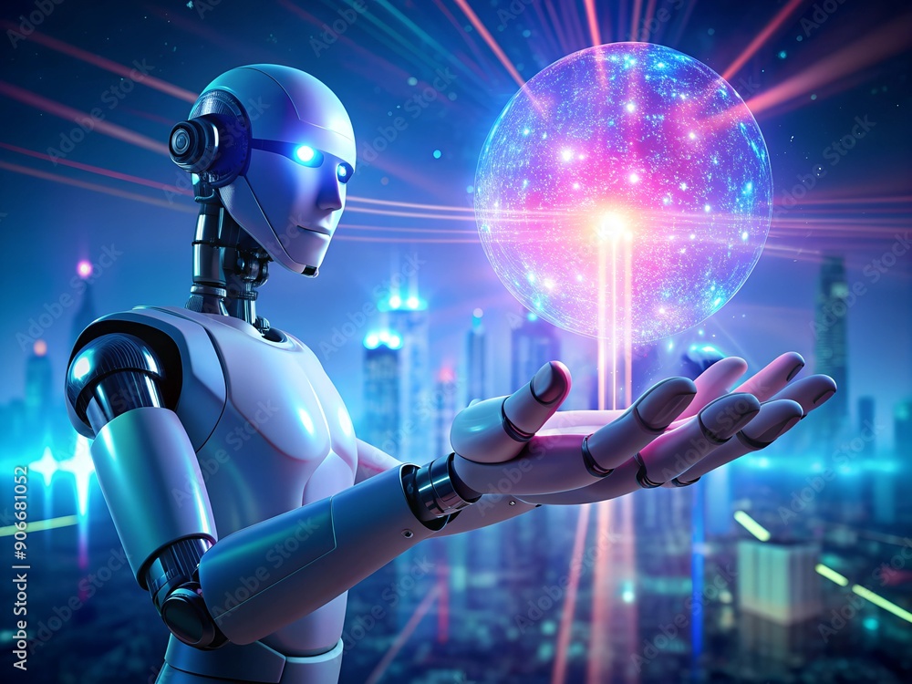 Poster robot humanoid on blurred background using global network sphere 3d rendering