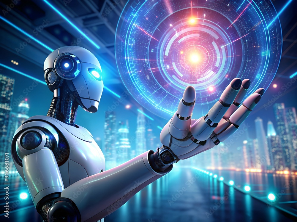 Fototapete robot humanoid on blurred background using global network sphere 3d rendering