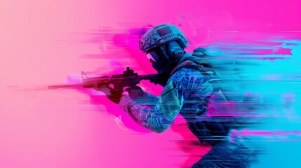 Stunt performer in combat gear, intense action pose, double exposure merging with abstract art and high-tech interior design, vibrant colors