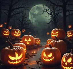 Eerie Halloween night scene featuring glowing carved pumpkins with sinister faces in the darkness.