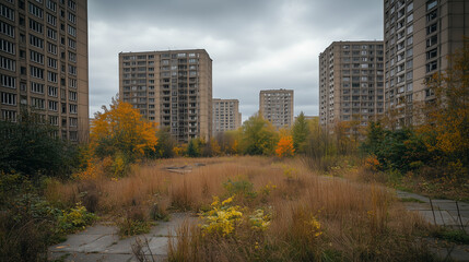 Obraz premium Overgrown plants and crumbling buildings define an abandoned urban landscape, reflecting the theme of urban desolation. 