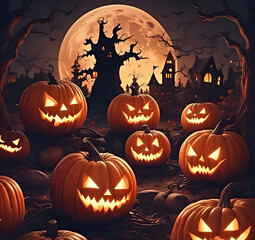 Eerie Halloween night scene featuring glowing carved pumpkins with sinister faces in the darkness.