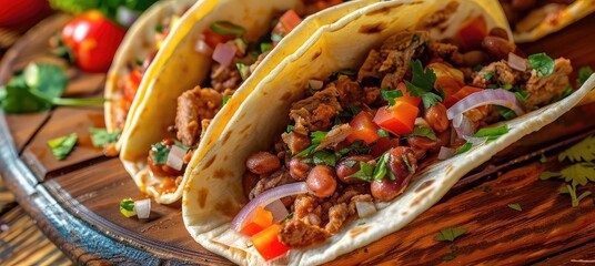 Fototapeta premium Delicious tacos filled with savory meat, beans, and fresh toppings on a wooden plate, perfect for any culinary occasion.