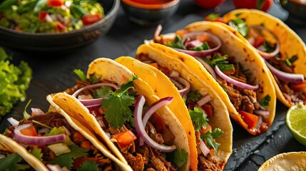 Delicious meat tacos garnished with fresh vegetables, served on a black slate plate. Perfect for food lovers and culinary enthusiasts.