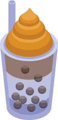 Refreshing isometric illustration of a glass of bubble tea with tapioca pearls and whipped cream