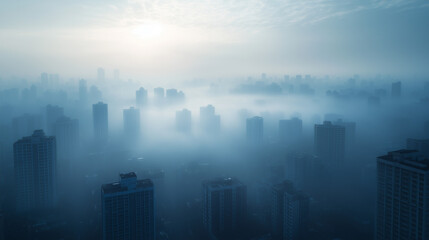 Fototapeta premium The polluted city skyline, obscured by smog and haze, highlights the theme of environmental pollution. 