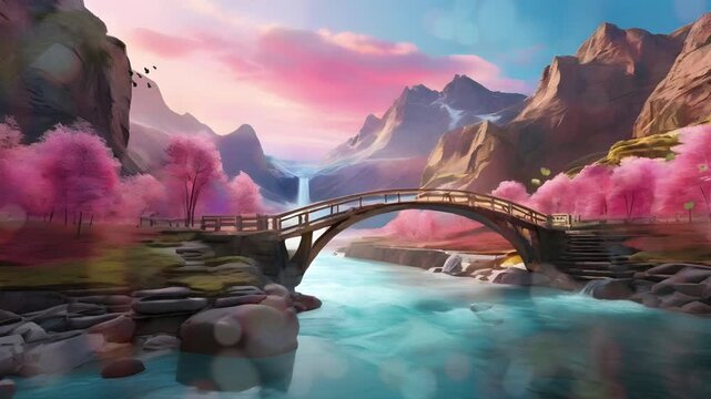 An old wooden bridge is under a cliff decorated with cherry trees, there is a river flowing. The atmosphere is peaceful and comfortable. Seamless 4K looping timelapse video animation generated AI