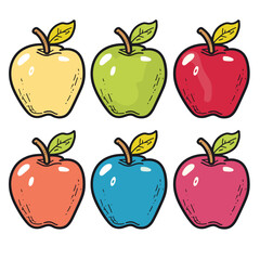 Six colorful apples cartoon style drawing, unique color yellow, green, red, orange, blue, pink. Fresh fruit illustration, handdrawn apples isolated white background, leaf detail