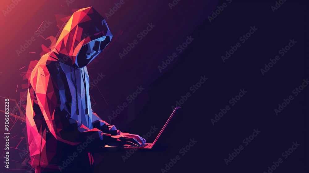 Poster abstract polygonal hacker with laptop on technology dark background. cyber attack and cyber security