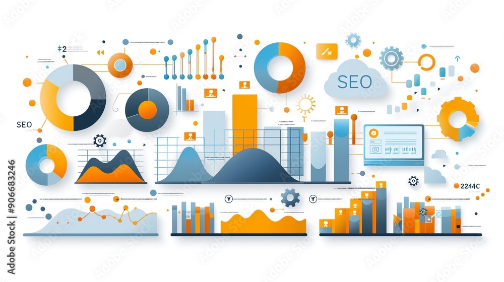 Sticker Abstract design with visual appeal, highlighting the key components of SEO analytics and their role in improving website performance and search engine rankings. high resolution Illustration, in the