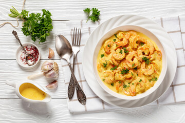 Sauteed Shrimp in creamy saffron sauce, top view