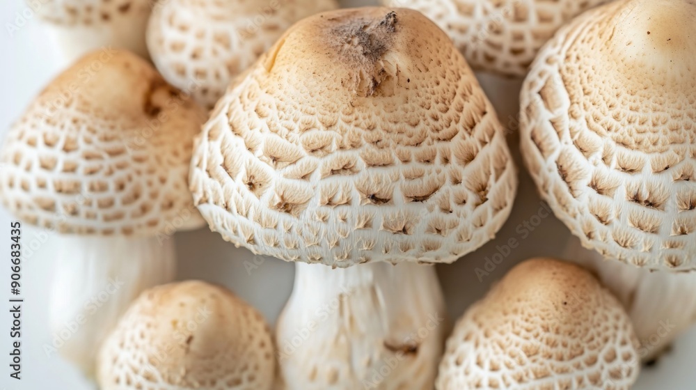 Poster close-up of the caps and stems of matsutake mushrooms, showing their natural patterns on a white bac
