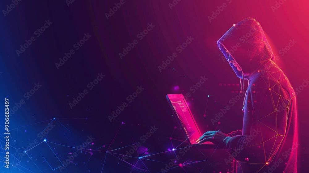 Poster abstract polygonal hacker with laptop on technology dark background. cyber attack and cyber security