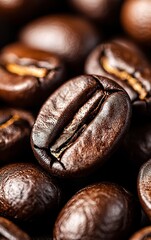 Close-up of rich, dark roasted coffee bean showcasing texture and detail, perfect for coffee enthusiasts and culinary projects.