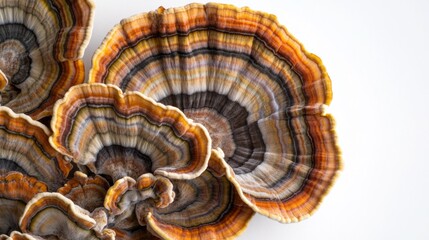 Close-up of the edges of turkey tail mushrooms, highlighting their wavy and colorful patterns on a white background.