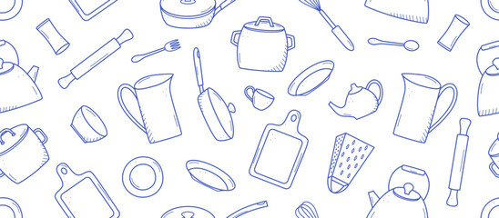 Seamless pattern of Kitchen tools and tableware doodle icon. Vector illustration set of elements cook. Background wallpaper.