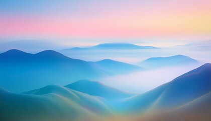 Colourful opalizing flatlay background with soft wavy shapes of a blurred mountain landscape. 