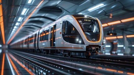 Fototapeta premium Futuristic train traveling through a modern station.