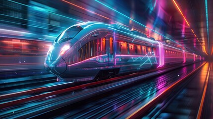 Fototapeta premium A futuristic train racing through a neon-lit city, representing advanced urban rail technology.