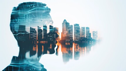 Radio producer adjusting sound levels, abstract double exposure of cityscape and sound waves, high contrast and modern aesthetic