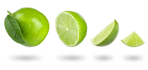 Fresh lime isolated on white, collage. Whole, half and slices