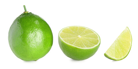 Fresh lime isolated on white, collage. Whole, half and slice