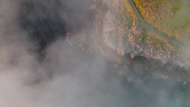 Aerial top view of rocks on the shores of the Lofoten islands
