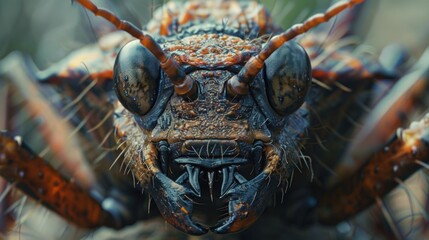 Macro shot of a praying mantis, focusing on its detailed eyes and facial features.