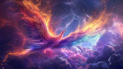 A cosmic phoenix with vibrant wings flying through a nebula.