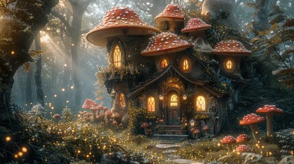 Obraz premium Enchanted house with glowing mushrooms in a mystical, glowing forest.