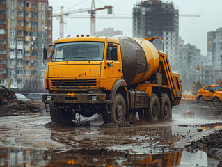 Construction Site With Dirty Cement Truck on Rainy Day in Urban Area
