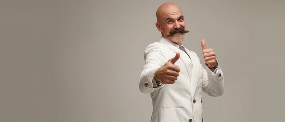 Naklejka premium Smiling bald man in white suit with handlebar mustache. Free copy space for text.