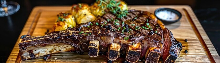 Deliciously grilled ribeye steak served with roasted potatoes and seasoning on a rustic wooden board.