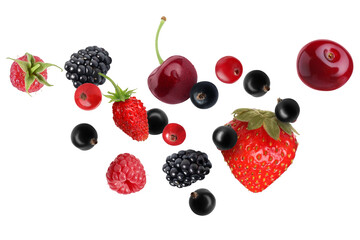 Different fresh berries in air on white background