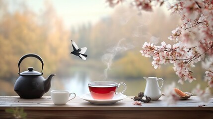 Fototapeta premium A glass teapot steams with freshly brewed mint tea, accompanied by loose tea leaves and vibrant mint leaves on a rustic wooden surface