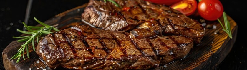 Juicy grilled steak served on a wooden platter, garnished with fresh herbs and ripe tomatoes, perfect for a gourmet meal.