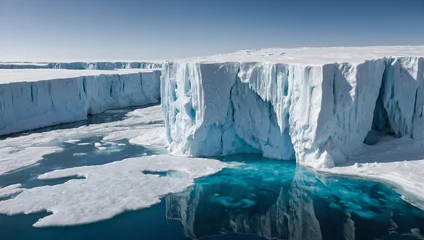 Fototapete Rund A towering ice cliff with a vivid blue meltwater pool, showcasing the impact of melting glaciers © Syrtseva Tatiana