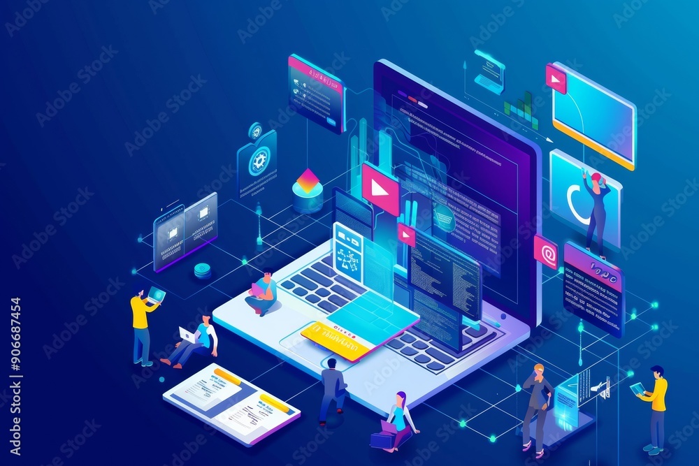 Poster versatile web design: isometric concept for responsive layout creation