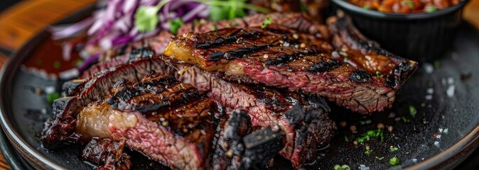 Deliciously grilled steak served with fresh vegetables and sauce on a rustic plate, perfect for food lovers and gourmet dishes.