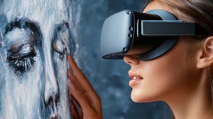 A woman wearing VR headset looking at a digital painting of a woman.  The image symbolizes the merging of reality and the virtual world.