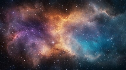 Obraz premium A vibrant nebula with swirling clouds of purple, orange, and blue gas, set against a backdrop of twinkling stars.