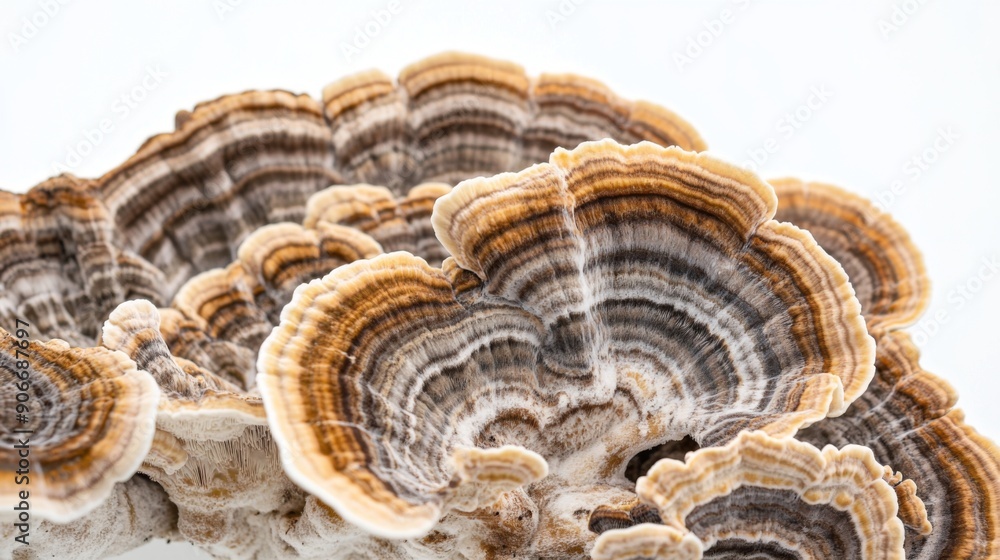 Poster detailed view of a cluster of turkey tail mushrooms, with their unique shapes highlighted against a 