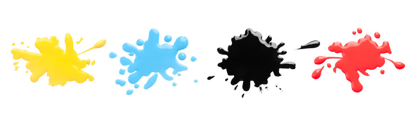 Printer ink of different colors. Set of spots isolated on white, top view