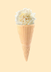 Ice cream cone with peony flower on beige background