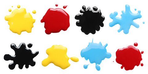 Printer ink of different colors. Set of spots isolated on white, top view